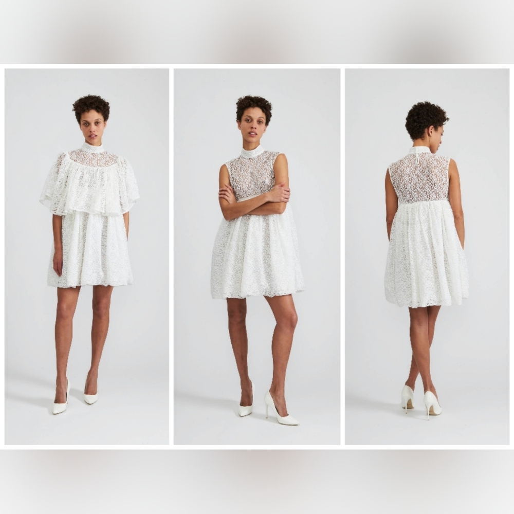 NWT Batsheva Percy White Lace Romantic Feminine Dress with Detachable Shawl